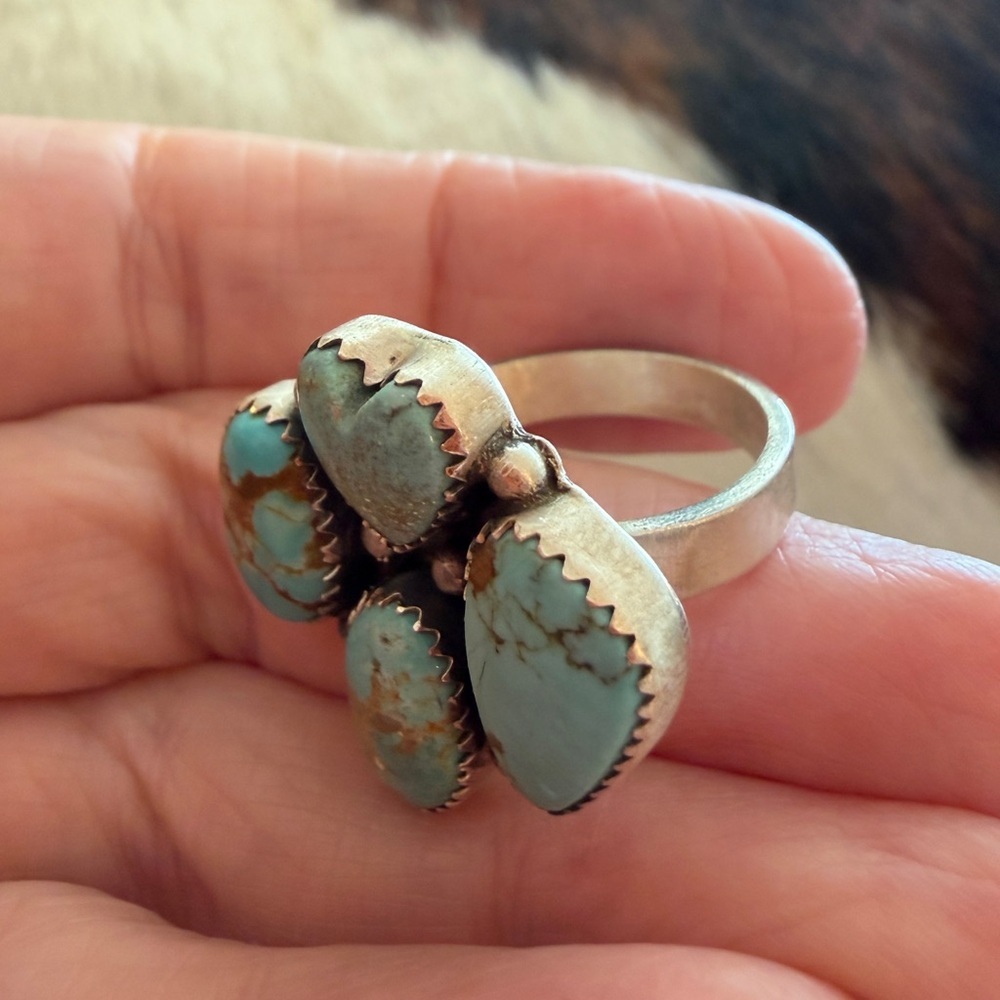 ❤️ #8 Turquoise Navajo Style 4 Stone Heart Statement Ring Adj Unisex 7.8 Gms 925 - Picture 6 of 16